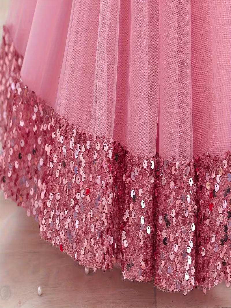 Sequined Children's Gown with Puffy Tulle Princess Dress for Baby Girls 7-8 Years