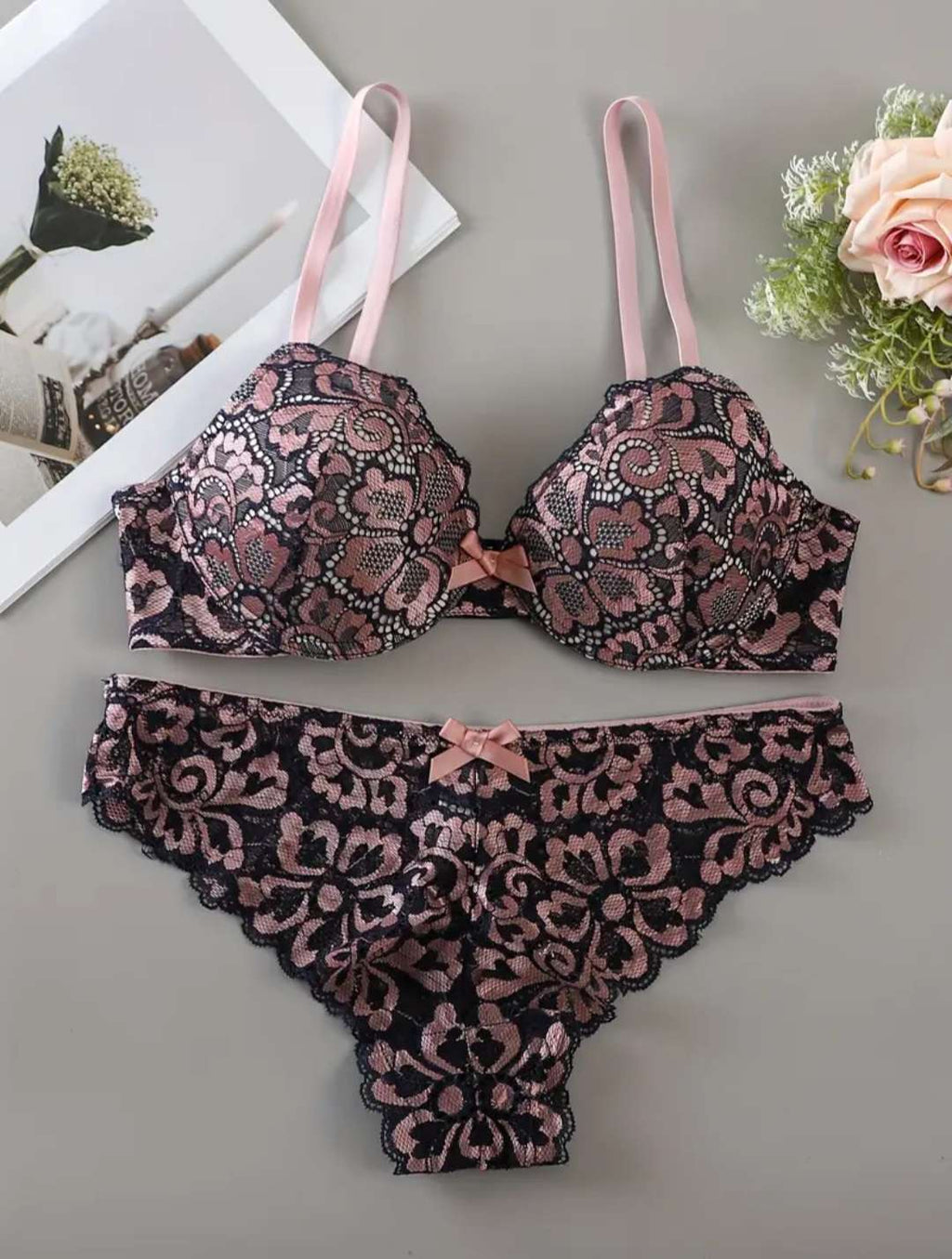 Floral pushup bra and underwear set