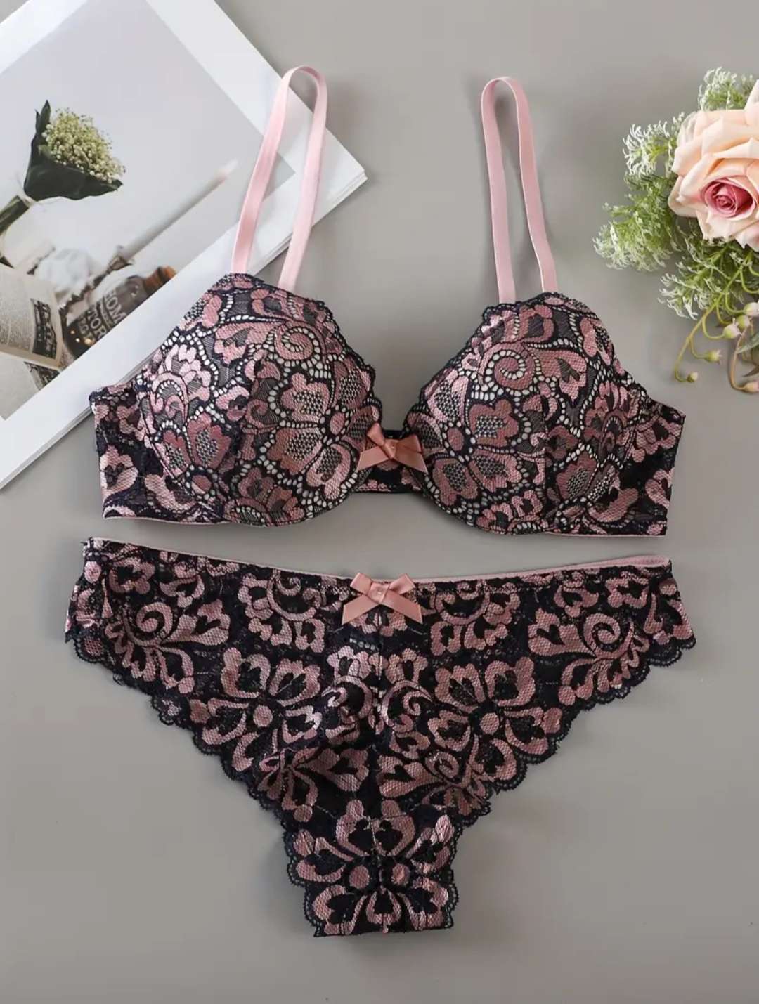 Floral pushup bra and underwear set