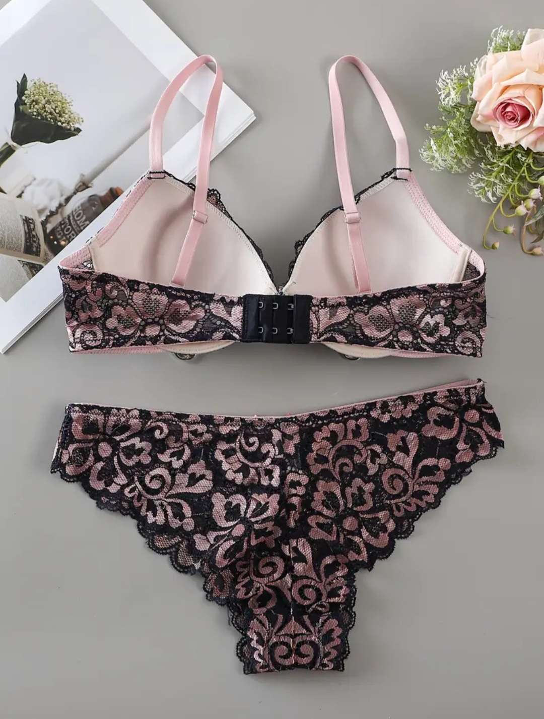Floral pushup bra and underwear set