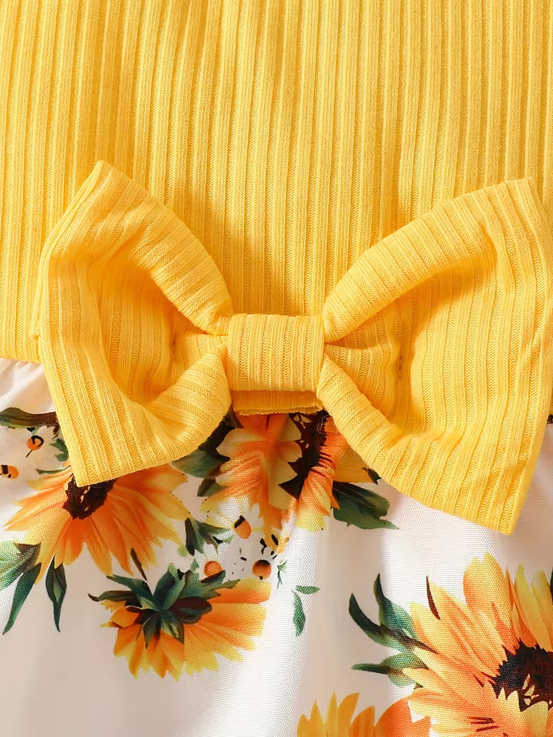 Two-Piece Set Dress with Flutter Sleeves, Waist Bow and Headscarf