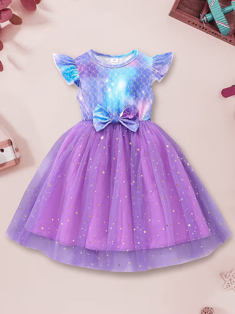 A Digital Print Dress for Girls Featuring a Fish Scale Pattern, with Shiny Star Mesh