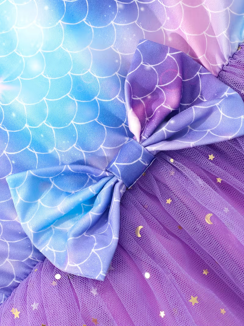 A Digital Print Dress for Girls Featuring a Fish Scale Pattern, with Shiny Star Mesh